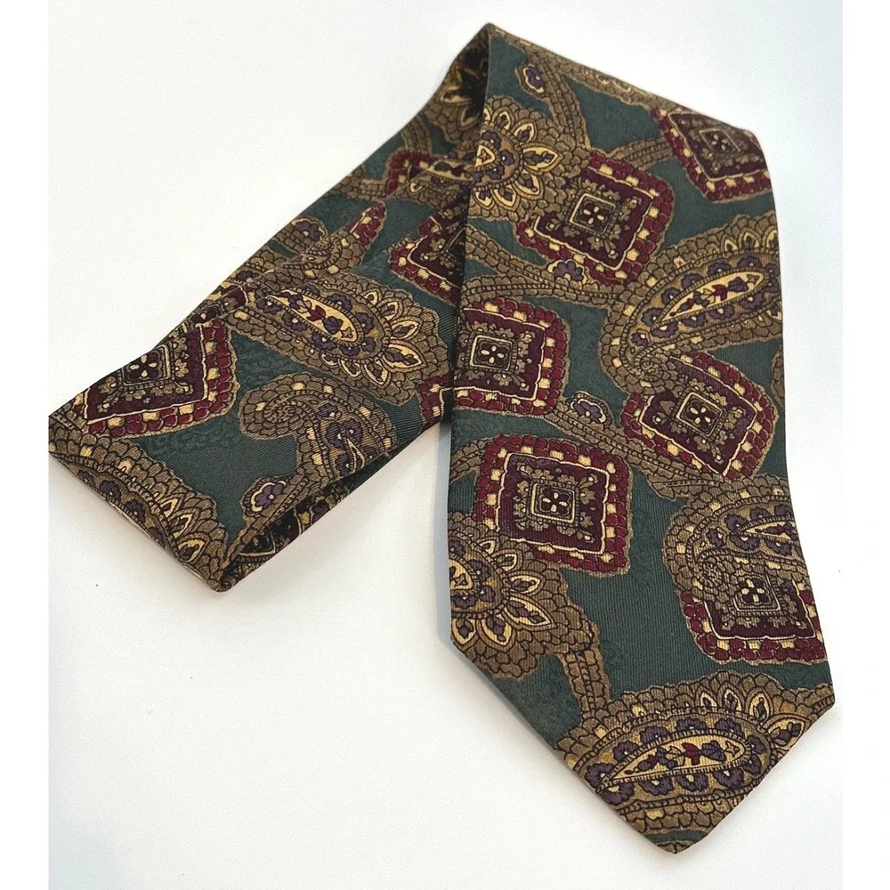 Robert Talbott Carmel Necktie Paisley Square Olive Green Burgundy‎ Silk Tie